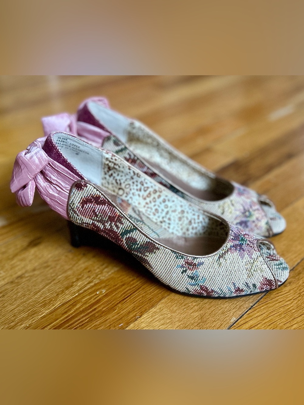 Kenzie Vintage Brocade Pink Floral Tapestry Peep-Toe Kitten Heel Wedges